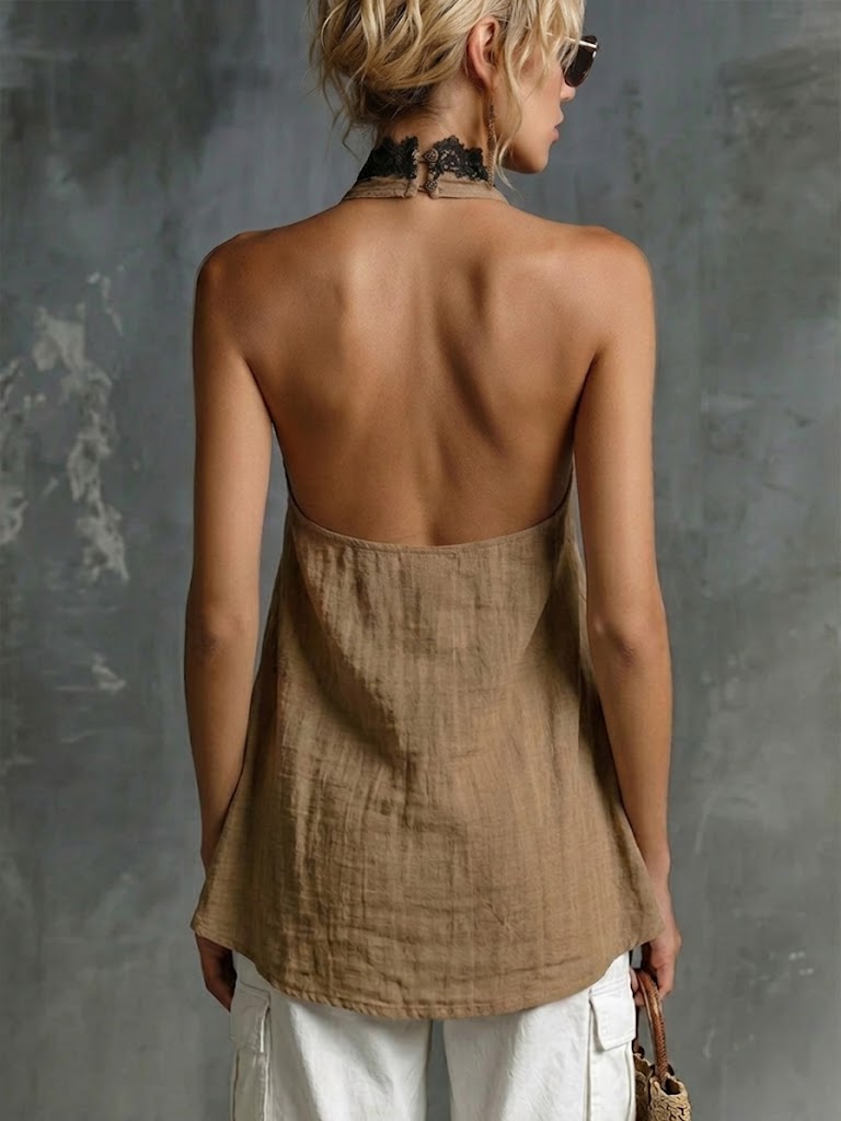 Stylish And Elegant Linen-cotton Halter Top With Lace Splicing