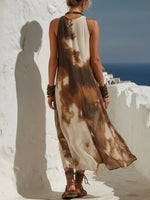 Women's Abstract Print V-neck Sleeveless Loose-fit Cotton-linen Casual Dress