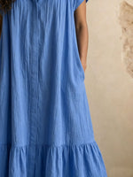 Vestido largo informal de algodón de manga corta con bolsillo inferior para mujer