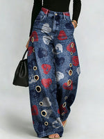 Heart-graffiti Print, Metal Eyelet, Curved-seam Wide-leg Jeans