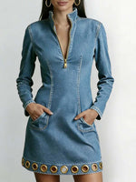 Women's Stand Collar Long Sleeve Casual Slim Fit Denim Dress