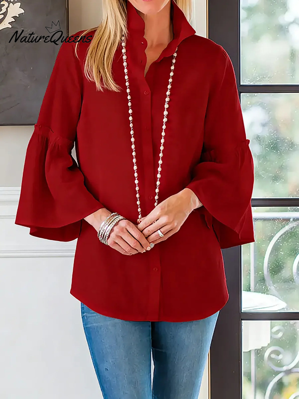 Women's Solid Color Lapel 3/4 Sleeve Casual Loose Cotton And Linen Shirt