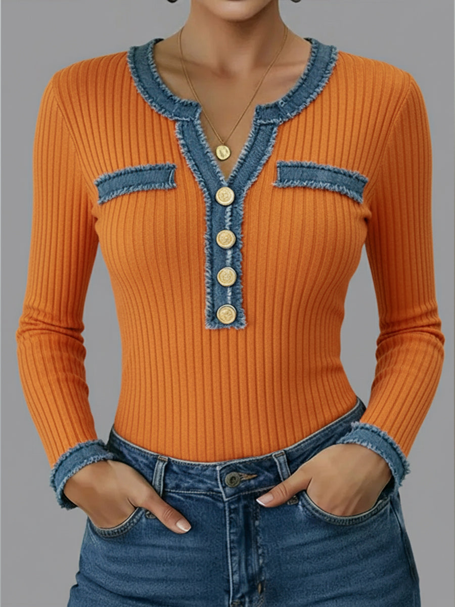 Casual Patchwork Denim Webbing Knit Top