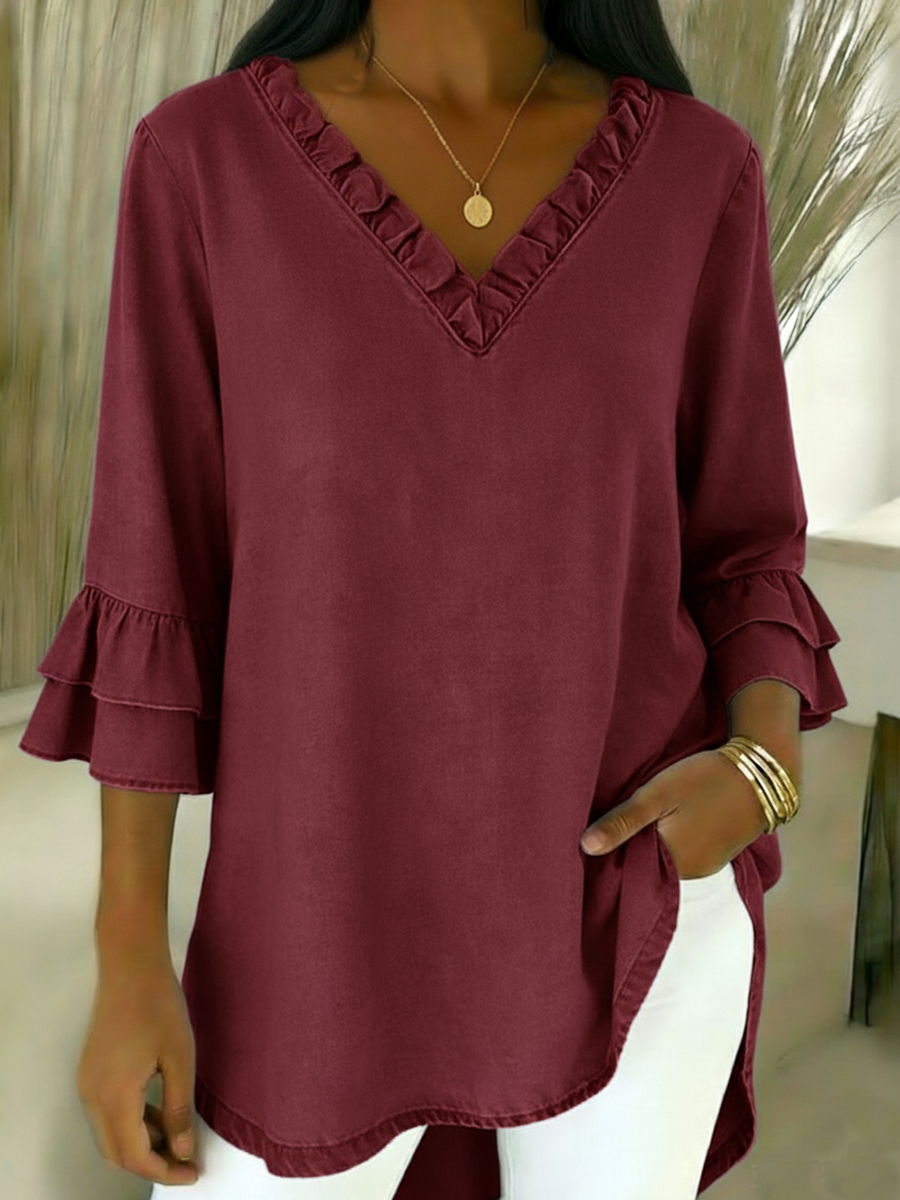 Cozy Ruffled V-neck Denim Cotton Top