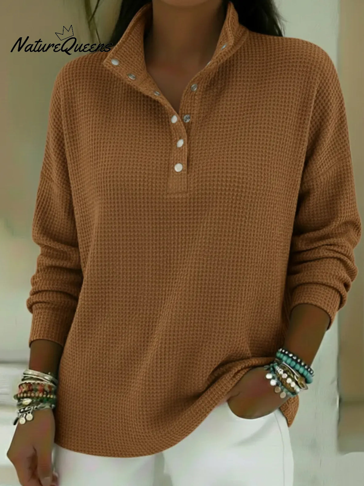 Casual Stand-collar Button-up Waffle-knit Sweatshirt