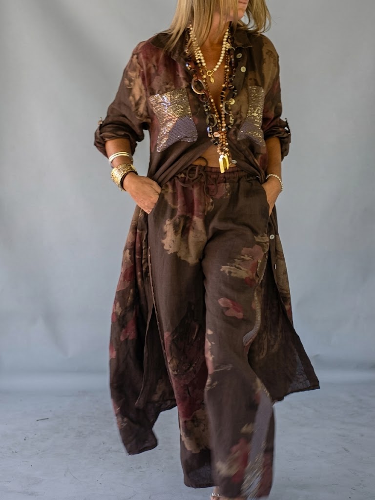 Casual, Loose-fitting Two-piece Set Featuring A Long Shirt And Trousers, Crafted From A Linen-cotton Blend With Printed, Sequined, And Spliced detailing.
