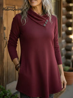 Elegant Cowl Neck Button-down A-line Pullover