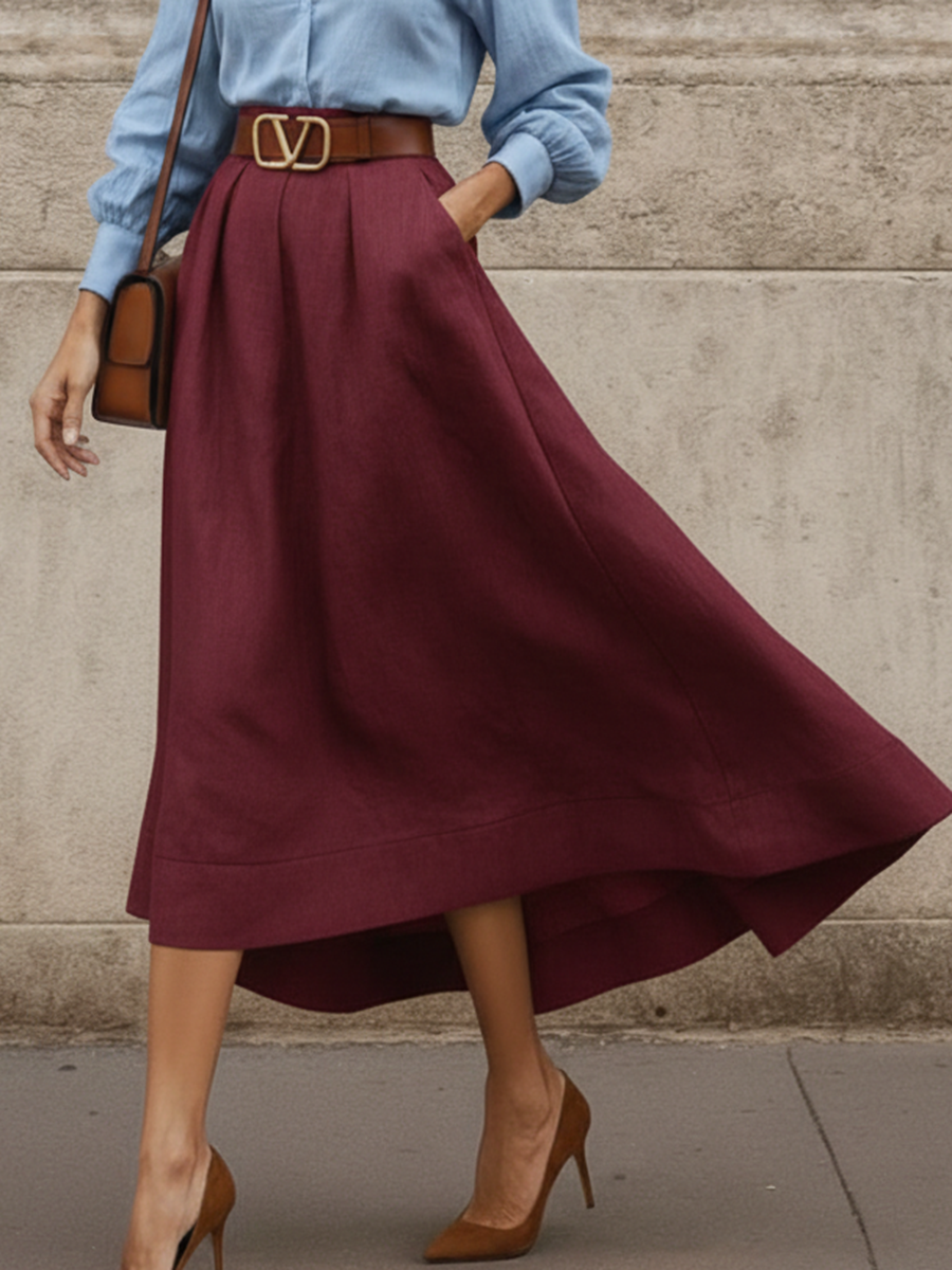 Elegant Irregular Hem Linen-cotton Blend Skirt