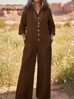 Women's Cozy Loose Collar Button-up Denim Jumpsuit