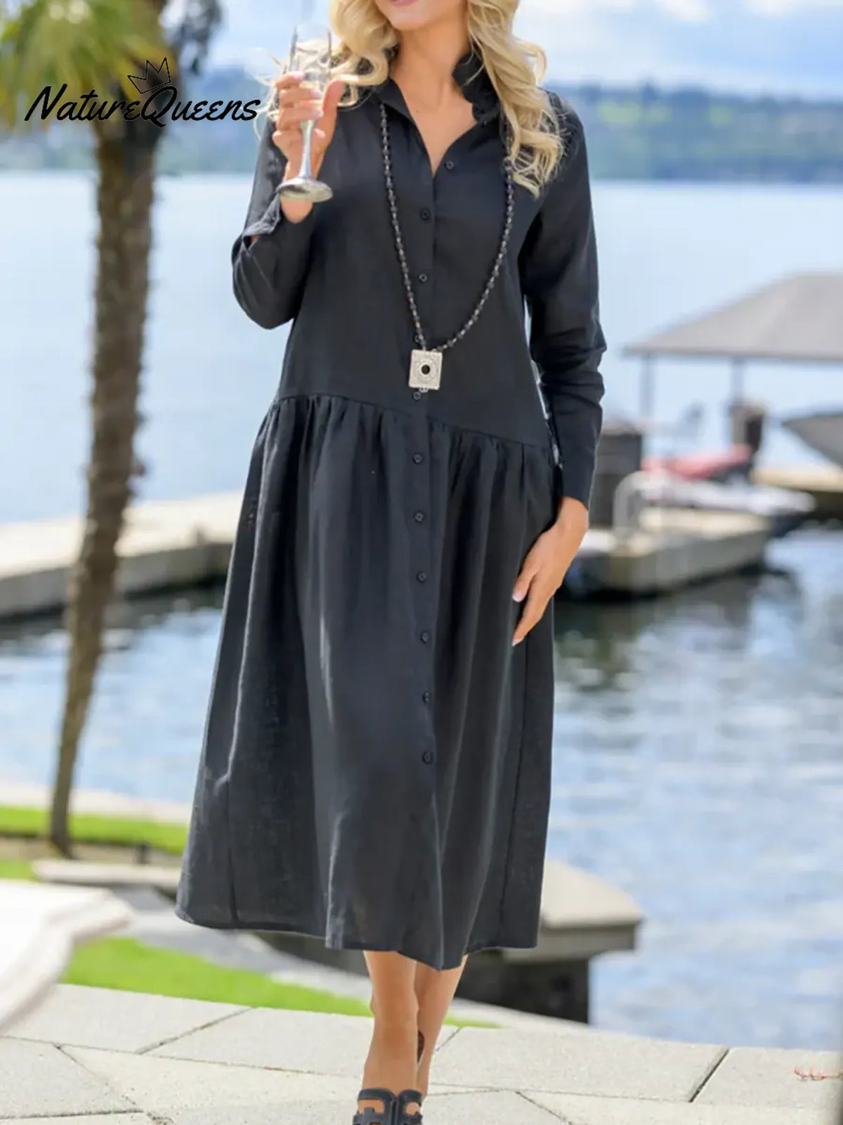 Women's Solid Color Lapel Long-sleeved Casual Loose Cotton And Linen Shirt Dress