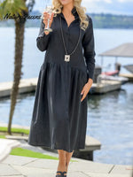 Women's Solid Color Lapel Long-sleeved Casual Loose Cotton And Linen Shirt Dress