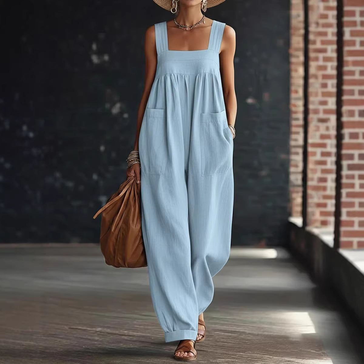 Women's Solid-color Pocketed Camisole Jumpsuit