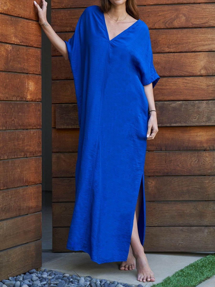 Women's Solid Color V-neck 3/4 Sleeve Casual Loose Cotton And Linen Dress