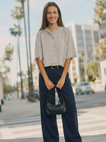 Women Grey Ribbed Crew Neck Half Button Knit Top, Drop Shoulder Short Sleeve Cropped Relax Fit Knit Cardigan Blouse