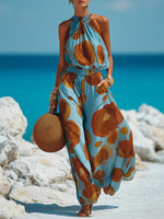 Blue & Brown Ombré Halter Chiffon Wide-leg Jumpsuit