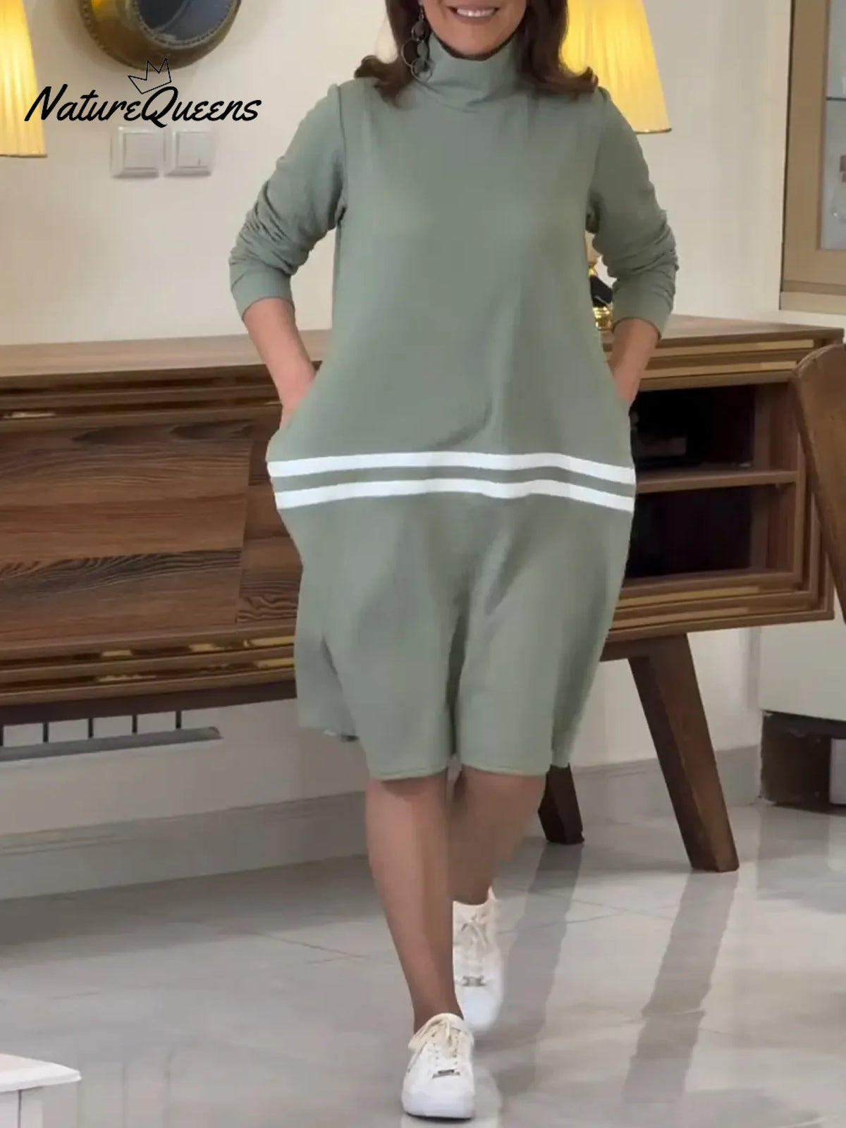 Women's Stand Collar Long Sleeve Casual Loose Knit Dress