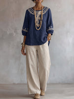 Women's Embroidered Cotton-linen Top And Casual Wide-leg Pants Two-piece Set