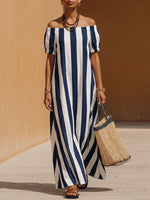 Women's Striped Print Off-shoulder Short-sleeve Casual Loose Cotton-linen Dress