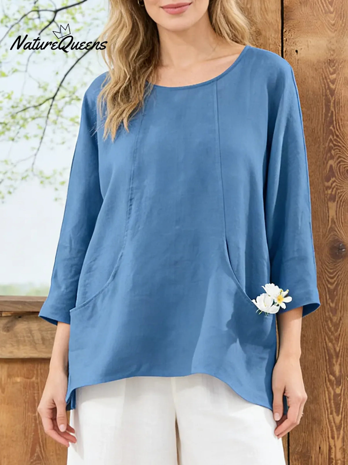Women's Solid Color Round Neck 3/4sleeved Casual Loose Cotton And Linen Top