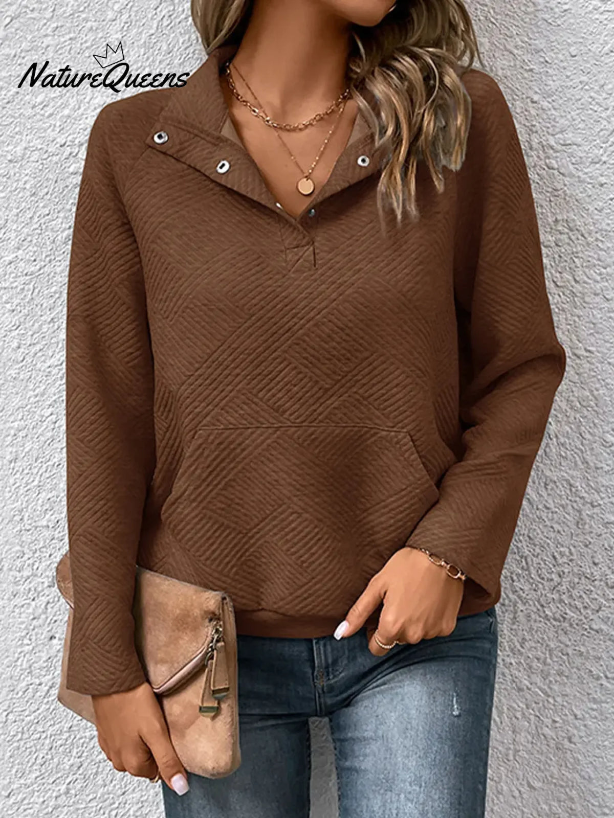 Women's Solid Color V-Neck Long Sleeve Casual Loose Sweatshirt