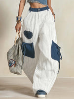 Women's Retro Striped Pattern Art Casual Cotton Denim Patchwork Pants