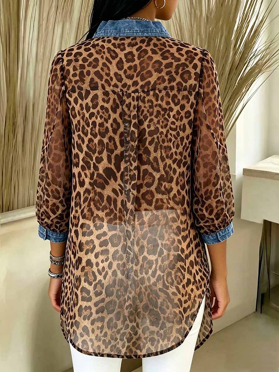 Women's Leopard Print V-neck 3/4sleeve Casual Loose Denim Top With Chiffon Panels