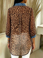 Women's Leopard Print V-neck 3/4sleeve Casual Loose Denim Top With Chiffon Panels