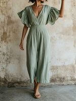 Elegant Ruffled-sleeve V-neck Cotton-linen Wide-leg Jumpsuit