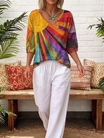 Boho Geometric Sun Print V-neck Cotton T-shirt