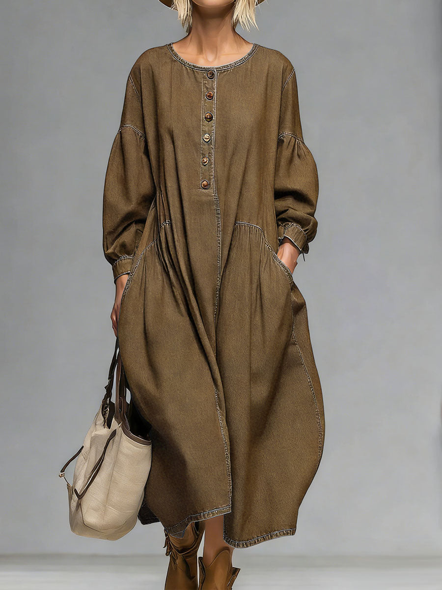 Women's Round Neck Long-sleeved Casual Loose Denim Dress