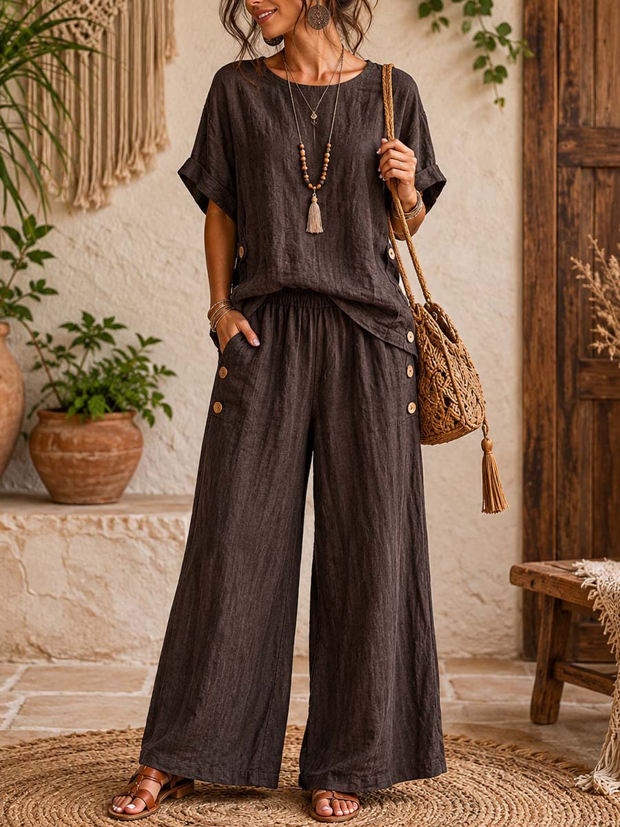 Women's Cotton-linen Set: Round-neck Short-sleeve Loose-fit Casual Top & High-waisted, Loose, Wide-leg Pants