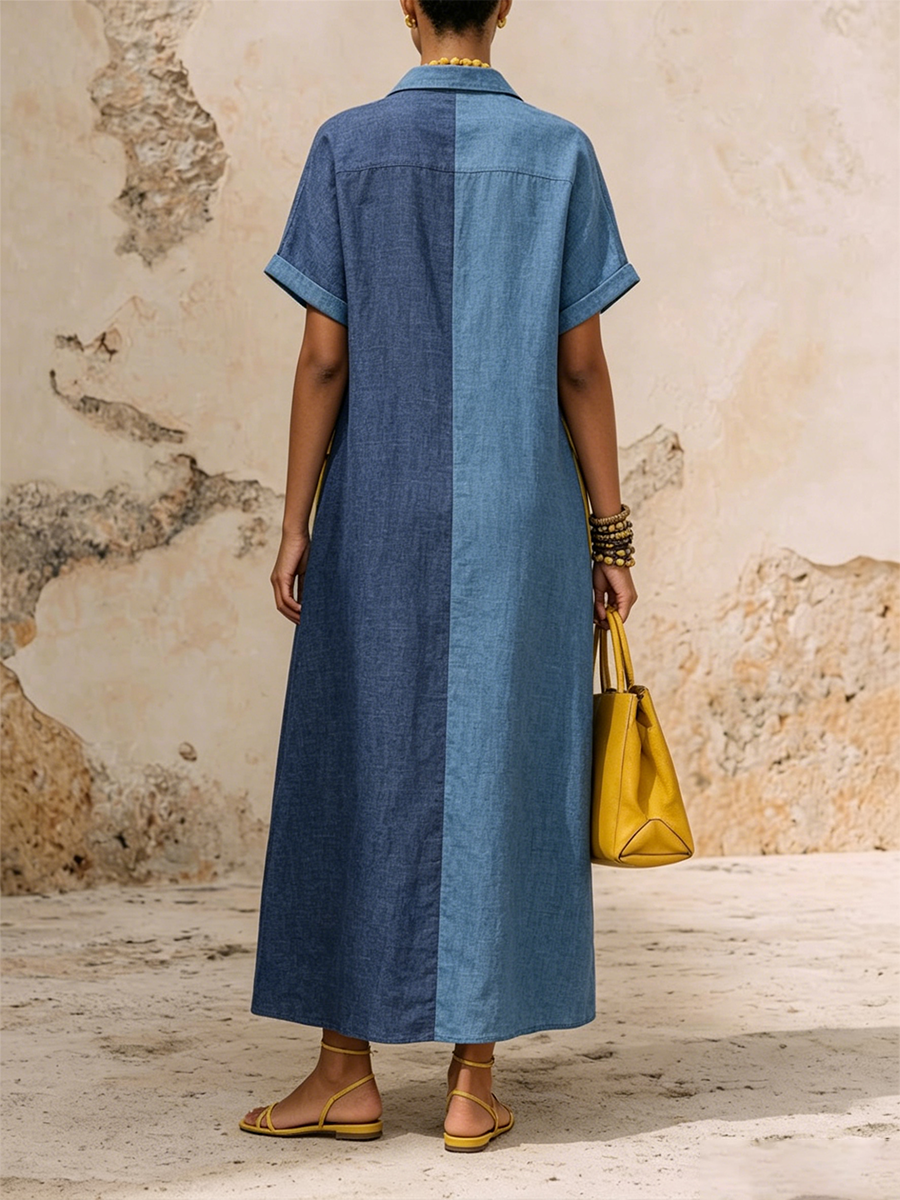 Two-tone Blue Color Block Shirt Collar Cuff Short Sleeve Yellow Patch Pocket Cotton Maxi Shirt Dress