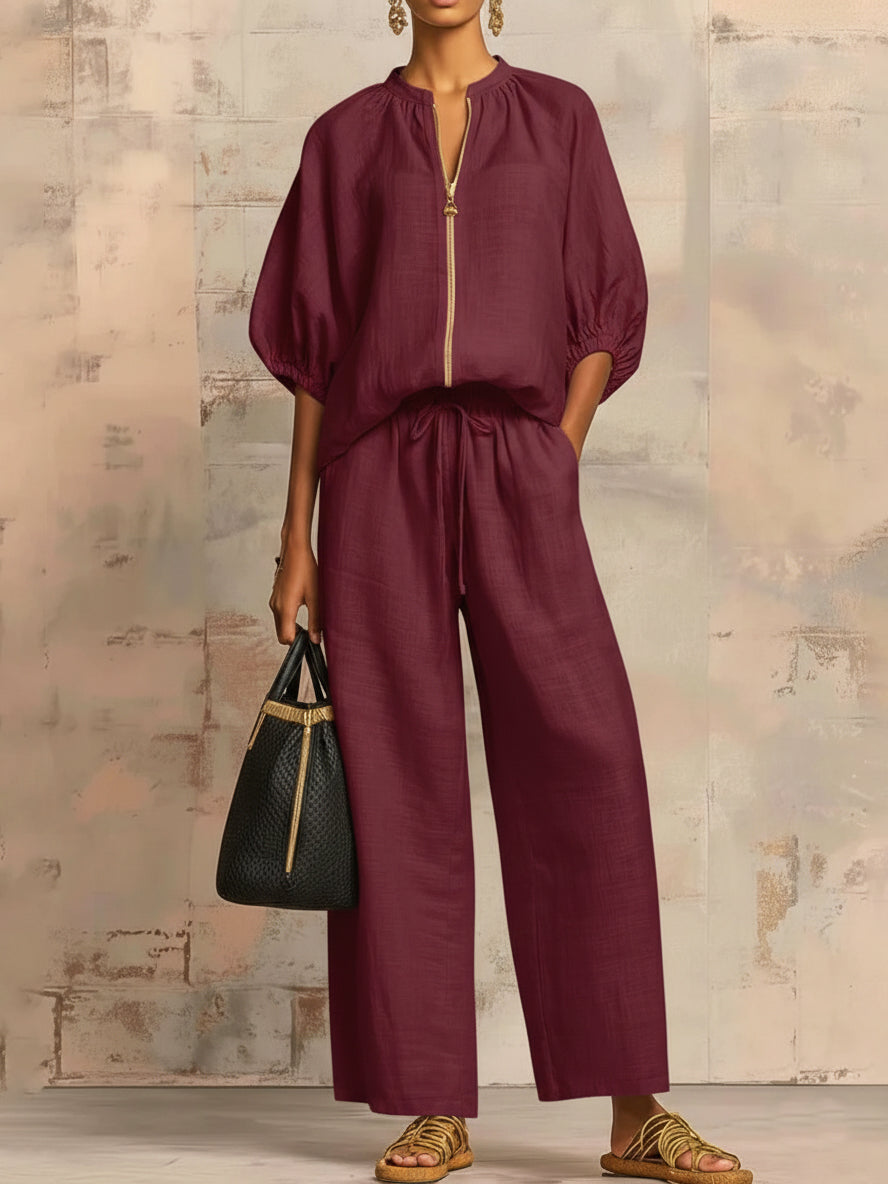 Stylish Cozy Shirt & Wide-Leg Pants Linen Cotton Two-Piece Set
