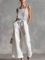 Women's Striped Print Square-neck Sleeveless Loose-fit Cotton-linen Top & High-waisted Wide-leg Pants Casual Set
