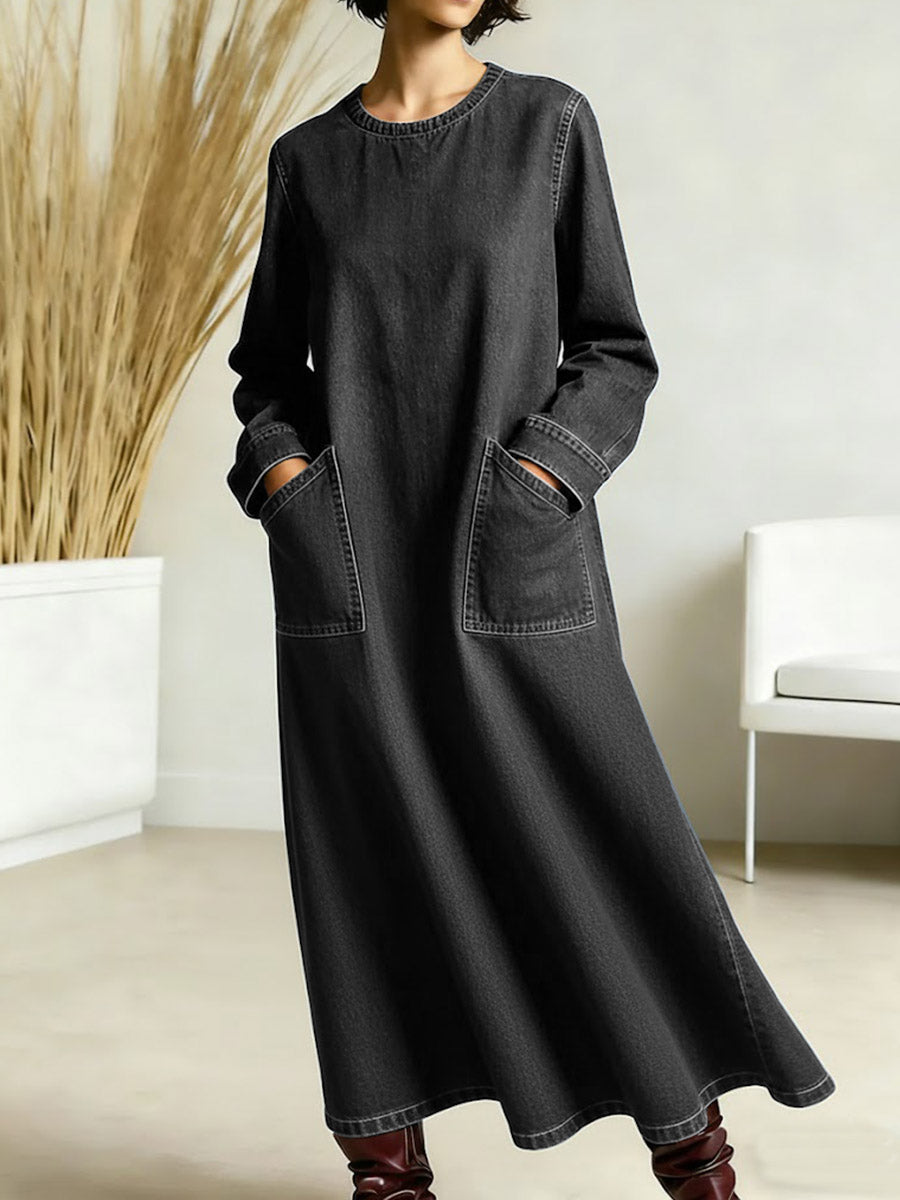 Women's New Spring Collection Round Neck Long-sleeved Casual Loose Denim Dress With Pockets.