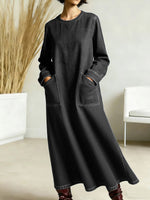 Women's New Spring Collection Round Neck Long-sleeved Casual Loose Denim Dress With Pockets.
