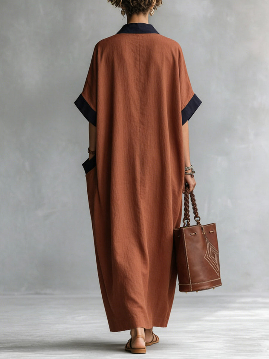 Women's V-neck 3/4 Sleeve Casual Loose Cotton Linen Dress