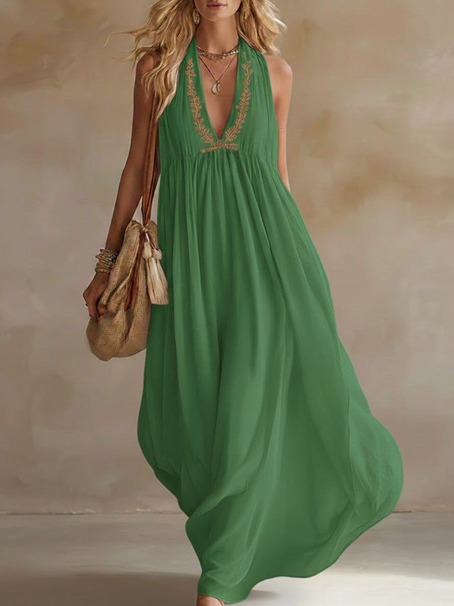 Women's V-neck Sleeveless Casual Loose Cotton And Linen Dress