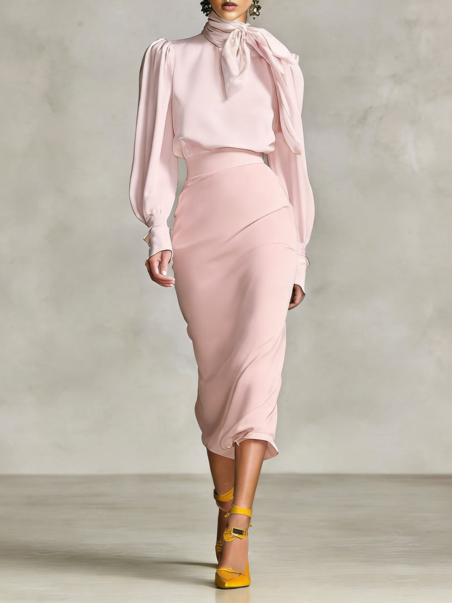 Women's Retro-style Tie-waist Long-sleeved Stand Collar Comfortable Minimalist Dress