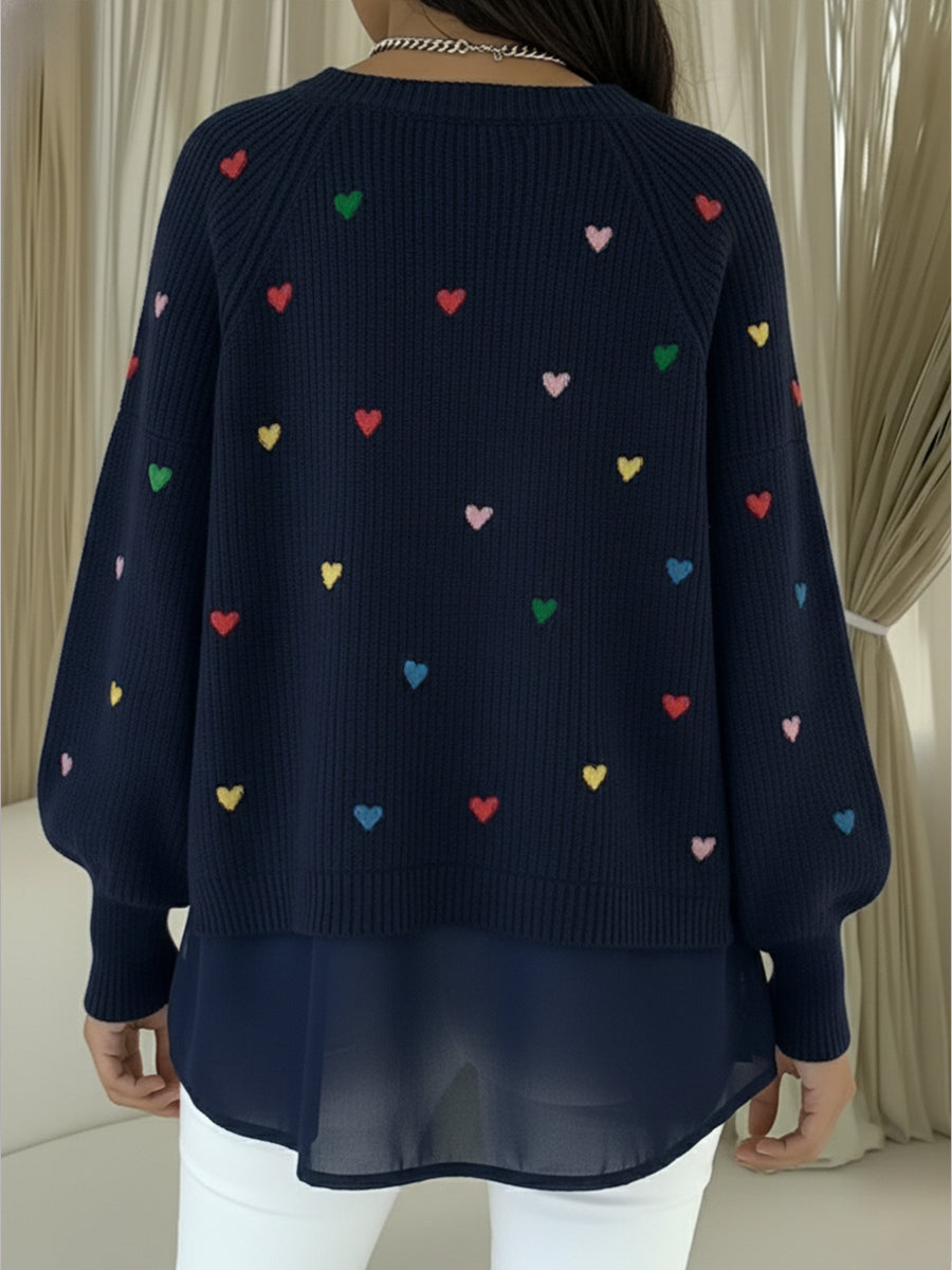 Comfortable Heart Embroidered Chiffon Patchwork Pullover Sweater