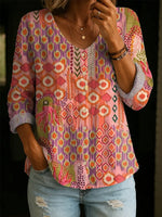 Women's Vintage Ethnic Pattern Art Print Casual Cotton Linen Shirt