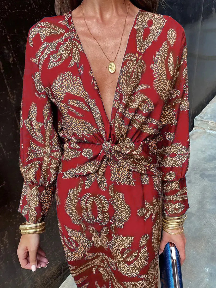 Women's Retro Floral Art Casual V Neck Long Sleeve Stylish Dress