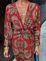 Women's Retro Floral Art Casual V Neck Long Sleeve Stylish Dress