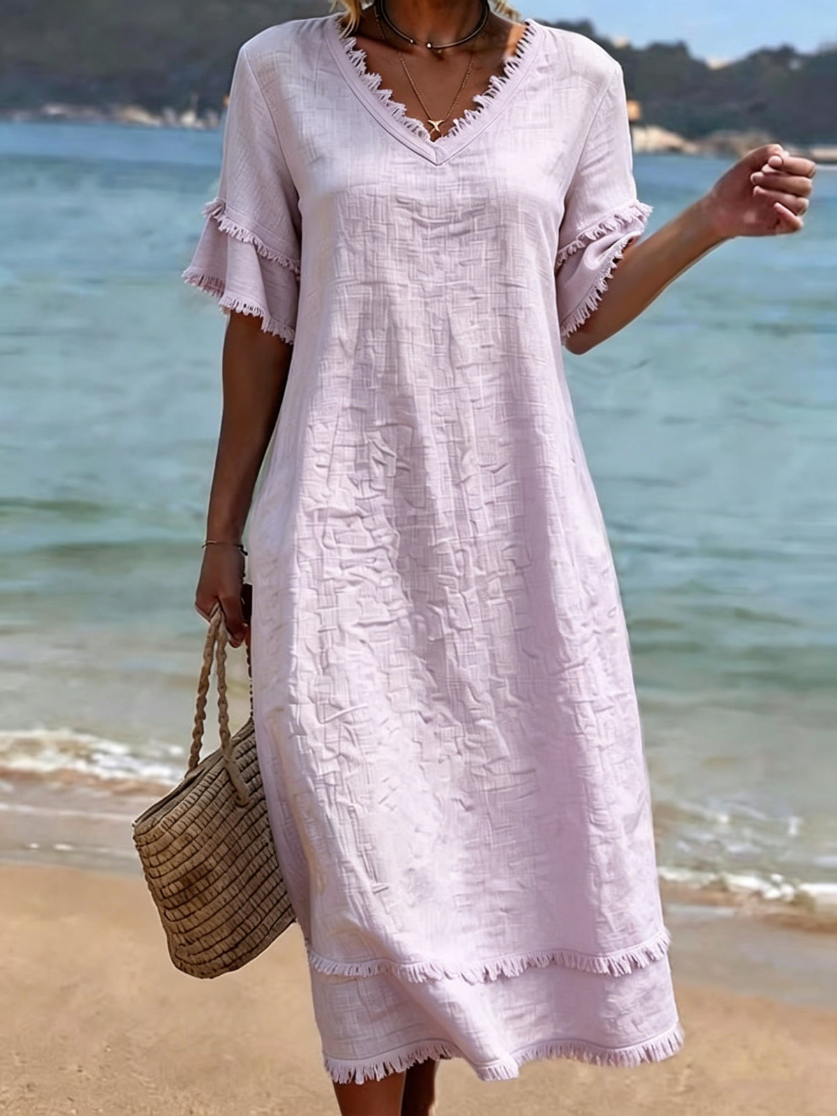 Jacquard Raw-edge V-neck Linen Resort Dress