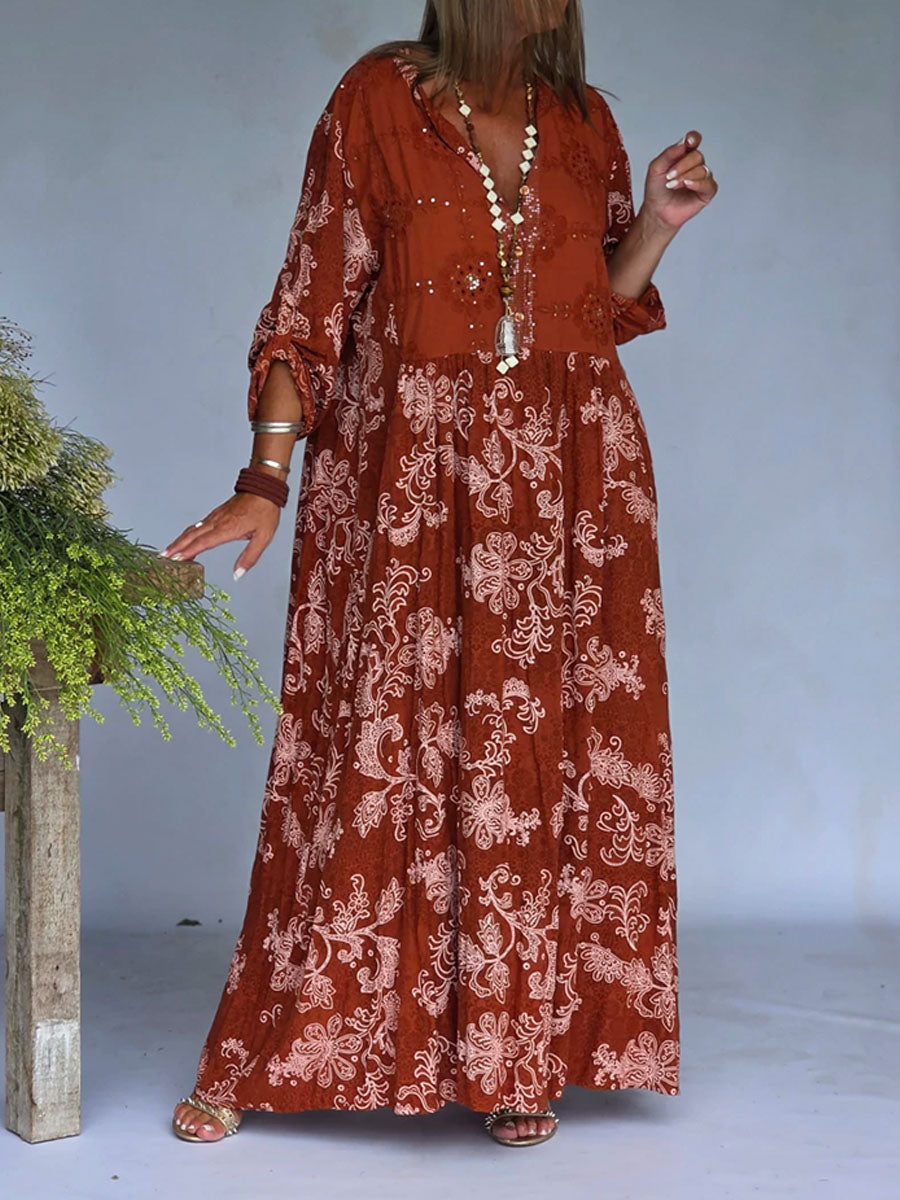 Women's Retro Floral Print Casual Long Dress