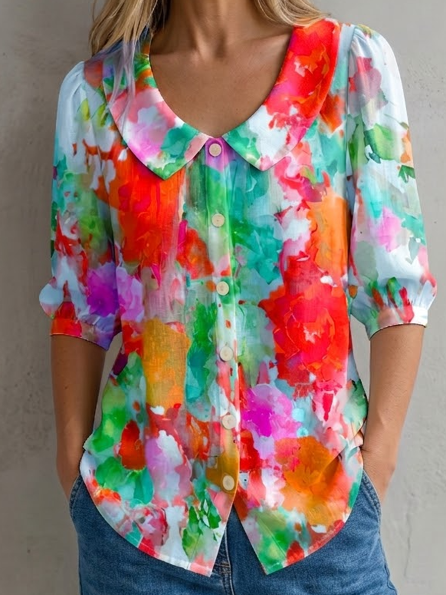 Watercolor Floral-print Peter Pan Collar Cotton-linen Blouse
