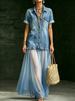 Women's Retro Lapel Denim Organza Patchwork Art Casual Maxi Dress