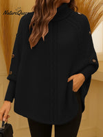 Women's Solid Color High-neck Casual Button-up Loose Knit Top