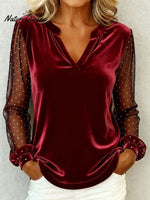 Women's V-neck Lace Patchwork Long-sleeved Velvet Top T-shirt
