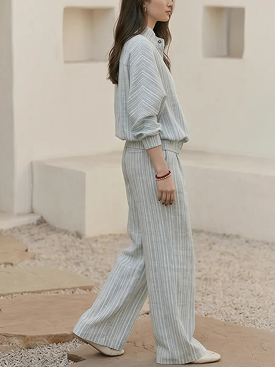 Striped Linen-cotton Rerlaxed Shirt & Wide-leg Pants Setstriped Linen-cotton Relaxed Shirt & Wide-leg Pants Set – Minimal Stand Collar Lounge Suit